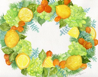 Citrus Wreath watercolor painting original,  lemons, kumquats, fruit wreath illustration, gift