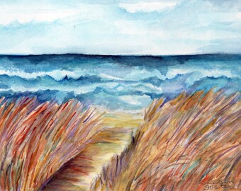 Ocean VIEW, Fernandina Beach, FL seascape watercolor painting original 5 x 7