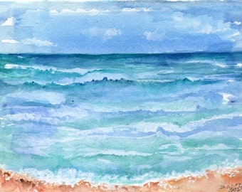 Aruba Seascape Watercolor Painting 5x7 Small Coastal Wall Art Home Decor, gift