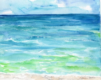 Original Watercolor Painting Beach Scene: 8x10 Minimalist Seascape, Perfect Coastal Decor