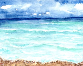 Seascape Watercolor Painting Original Minimalist 5 x 7 ocean art, beach décor, sand, sea and surf