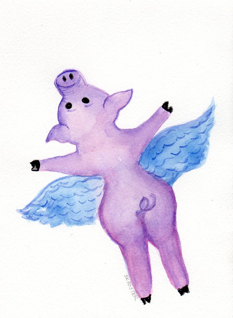 Purple Flying Pig original watercolor painting, 5 x 7 small flying pig artwork, pig with wings, funny flying pig art image 1