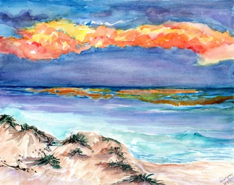 Coastal painting, Alabama Florida Border Sunset Beach Seascape Watercolor Painting original, ocean art 8 x 10 sunset