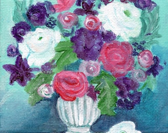 Flower Bouquet in pedestal vase acrylic painting mini canvas art 4 x 4