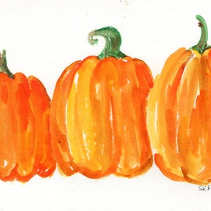Original pumpkin trio watercolor painting, Fall wall art 5 x 7 Autumn artwork decor