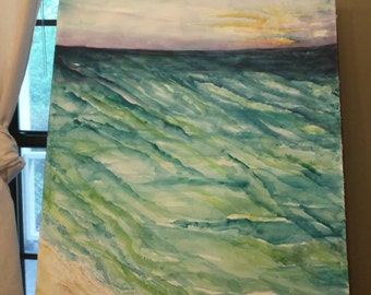 Seascape large vertical original watercolor minimalist painting, 30 x 22 Beach artwork, beach house decor, home decor