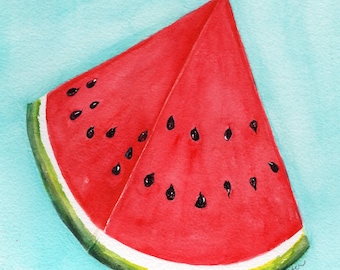 Watermelon Watercolor Painting - Original Kitchen, Art Red, green decor 8x8