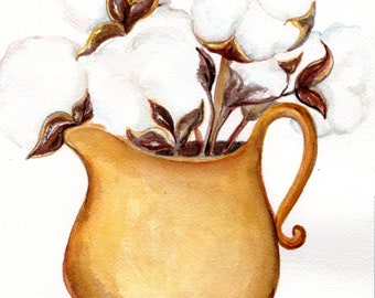 Cotton Bolls watercolor painting original 8 X 10 cotton bolls in pitcher art, botanical cotton stems in vase