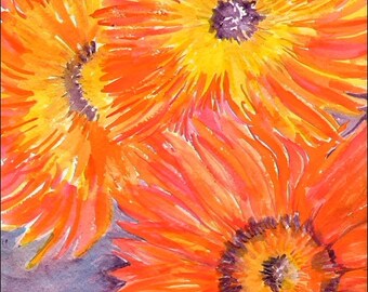 Original Sunflowers Painting in Watercolors 12x9  Teddy Bear orange and yellow flowers on purple