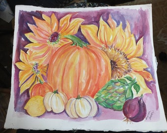 Original Watercolor painting, Sunflowers, pumpkins, artichoke, lemon, onion  10 x 12, home