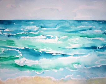 Seascape Watercolor Painting, original  beach, ocean art watercolor, beach decor