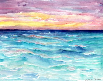 Coastal painting, Florida Sunset Beach Seascape Watercolor Painting original, ocean art 8 x 10 sunset at beach, beach watercolor art