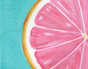 Vibrant Grapefruit Watercolor Painting - Original Fruit Art for Farmhouse Decor 5x7