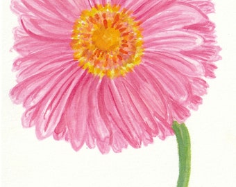 Pink Gerbera Daisy Original Watercolors Painting,  small Pink floral artwork 5 x 7  flower