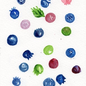 Blueberry painting, Blueberries Watercolor Painting original  5 x 7  Fruit, Kitchen wall art, home gift under 30