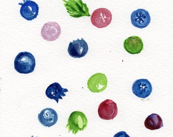 Blueberry painting, Blueberries Watercolor Painting original  5 x 7  Fruit, Kitchen wall art, home gift under 30