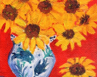 Sunflowers mini canvas art, blue and white Chinoiseries vase, 3 x 3 flower decor