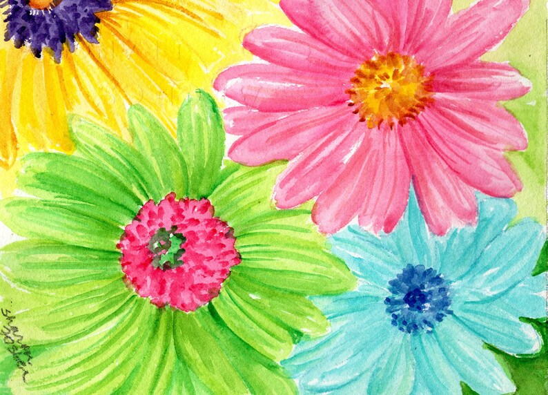 Gerbera Daisies Original Watercolor Painting 5 x 7 Flower Painting, Small Floral Wall Art image 2