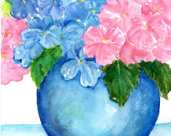 Hydrangeas watercolor painting original 5 x 7 artwork Hydrangea Flowers art in Vase Still Life Hot pink decor