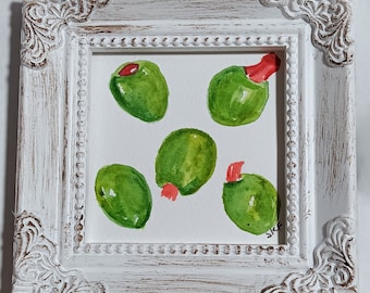 Original  Green Olives Miniature Watercolor Painting, Framed, gift under 35