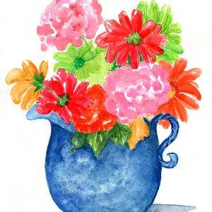 Flowers original watercolor painting, Blue and white Pitcher 8 X 10, Sunflowers, Zinnias, Hydrangeas, Gerbera Daisies Bild 3