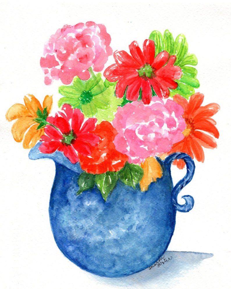 Flowers original watercolor painting, Blue and white Pitcher 8 X 10, Sunflowers, Zinnias, Hydrangeas, Gerbera Daisies Bild 3