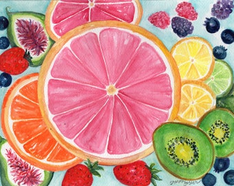 Citrus Watercolor Painting Kiwis, Grapefruit, Lemon, Orange, Limes original, Tropical Fruit  8 x 10 kitchen art,