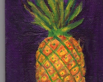 Original Pineapple mini canvas art, small acrylic painting with easel, tropical fruit  3 x4, botanical home gift