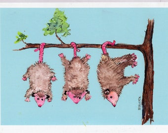 Possums Greeting Card, Print of my original watercolor, opossum  art card, possum greeting card,