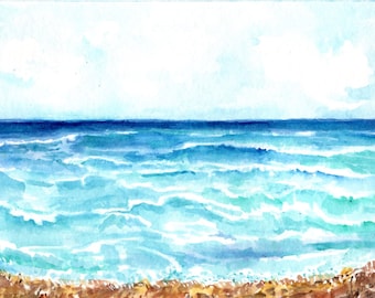 Original beach, Seascape Watercolor Painting, ocean art  décor 5 x 7