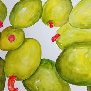 Original  Extra large Green Olives watercolor painting  22 x 30 olive wall art, bar, kitchen food artwork, kitchen gift, Modern Botanical