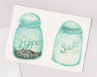 Salt & Pepper Blue Canning Jars NOTECARD size 4" x 5.6" - from my watercolor of vintage canning jars, mason jar salt and pepper shaker