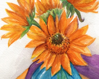 Sunflowers watercolor painting original,  5 x 7 sunflower wall art