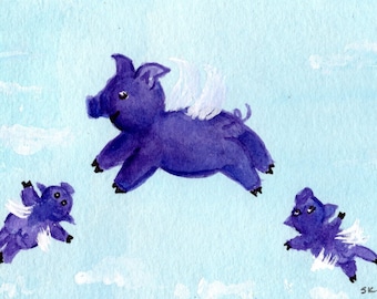 Original Flying Purple Pig Herd Watercolor Painting, PIG Art, 4 x 6 pig with wings,