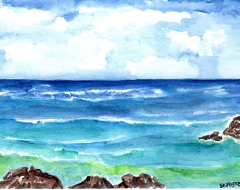 Aruba Original 5 x 7 Watercolor Seascape Painting, Ocean Art, Beach Home Decor,  gift