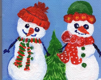 Snow man painting, Snow woman painting, Snowman art, Christmas mini canvas art, winter painting