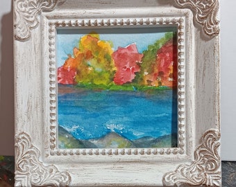 Original  Fall, Autumn Trees, lake, rocky shore Miniature Watercolor Painting,  Framed mini 4x4