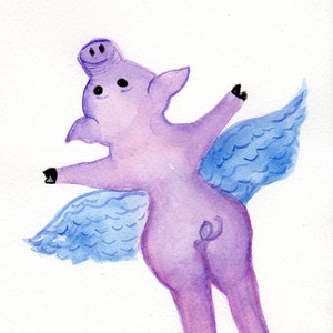 Purple Flying Pig original watercolor painting, 5 x 7 small flying pig artwork, pig with wings, funny flying pig art image 2