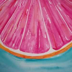 Grapefruit Watercolor Painting Original, Citrus wall ART 9 x 12 kitchen fruit decor, turquoise