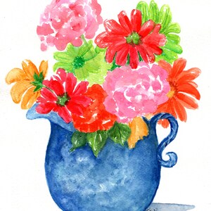 Flowers original watercolor painting, Blue and white Pitcher 8 X 10, Sunflowers, Zinnias, Hydrangeas, Gerbera Daisies Bild 2