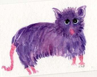 Hand-Painted ACEO Purple Opossum Card: Perfect Gift for Animal Lovers  2 1/2"x3 1/2"