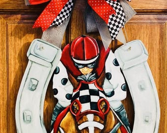 Derby Front Facing Jockey and Horse in Horseshoe Door Hanger