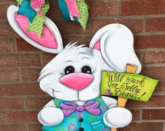 Ostern-Osterhase mit Schild Türschild ""Will Work for Jelly Beans""."