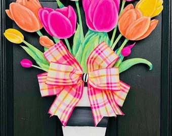 Spring/Summer Tulips in Vase with Stripes Door Hanger