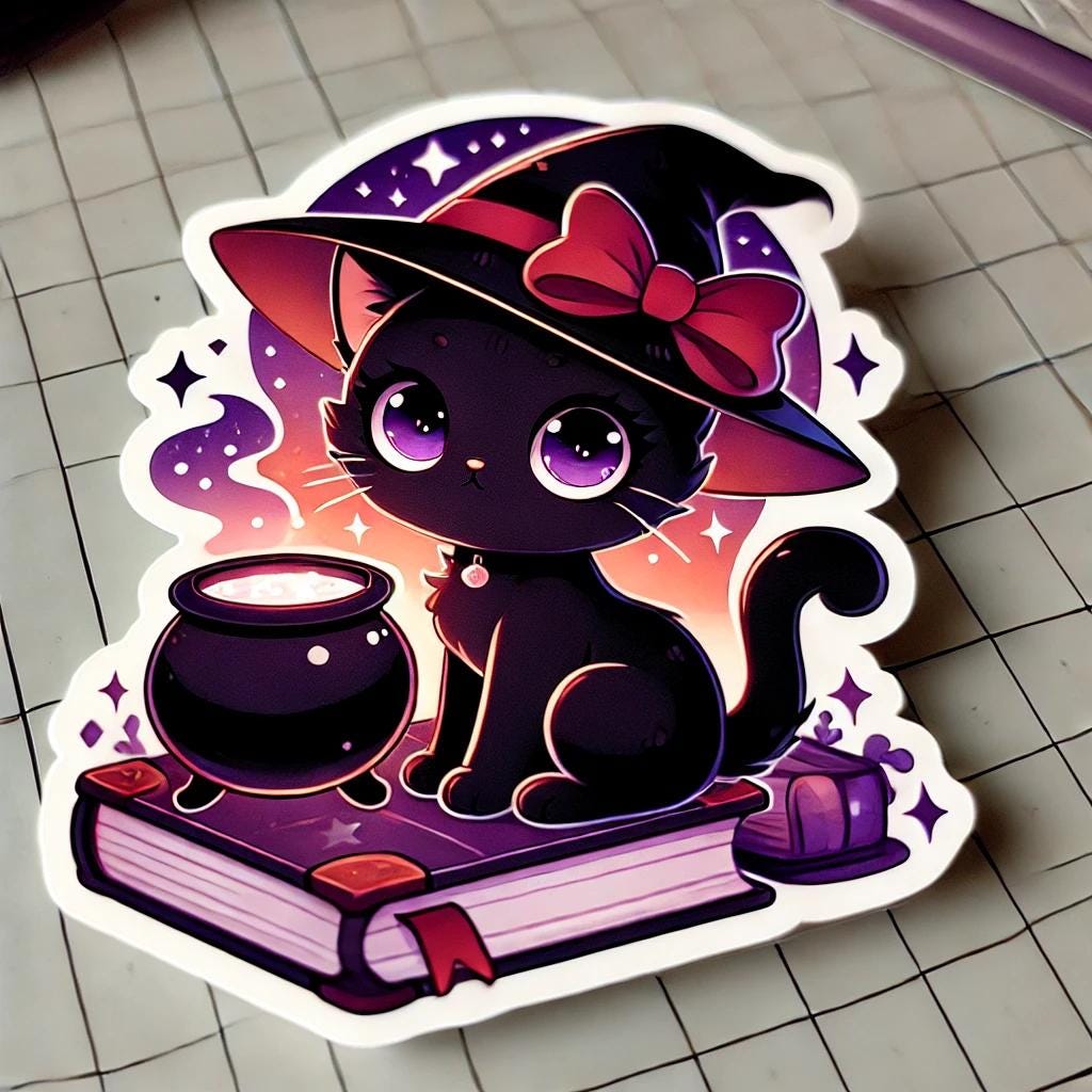 Anime Black Cat Witch Sticker Cute Kawaii Cat Halloween Sticker Magical ...