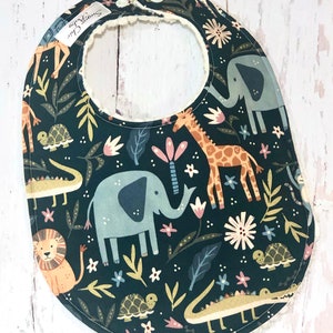 New!!  Animals Baby Bib, Girl or Boy - Gender Neutral Baby Bib - Single Triple Layer Chenille Bib - GREEN JUNGLE ANIMALS