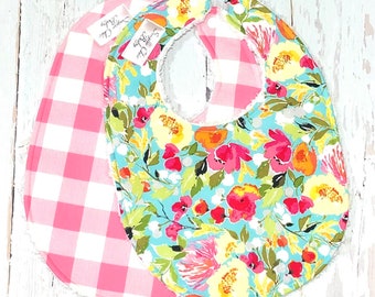 Gingham & Floral Bibs for Baby Girl - Set of 2 Triple Layer Chenille - Pink Gingham, Aqua Floral, Pastel - PINK GINGHAM FLORAL