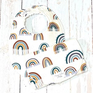 Rainbow Gender Neutral Bib/Burp Cloth Set - Absorbent Chenille Triple Layer - Blue, Mustard, burgundy - BOHO RAINBOW