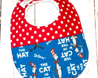 Ready To Ship - Dr. Seuss Baby Bib - Duet Collection - Gender Neutral, 1 Single Bib, Cat In The Hat, Chenille Bib - AQUA & RED SEUSS