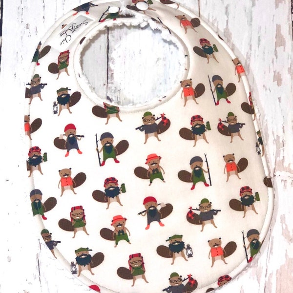 New!! Woodsman Beaver Baby Bib for Baby Boy - 1 Triple Layer Chenille - Red, Black, Gray, Green, Woodland - EARTHTONE BURLY BEAVER